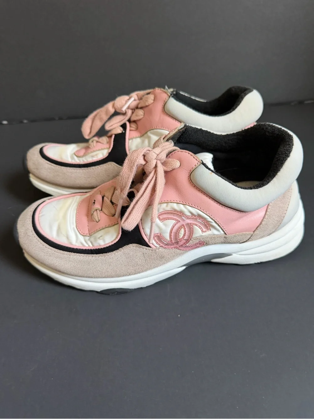 CHANEL Pink, Cream & Black Mixed-Material Sneakers